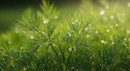 Dewdrops on fresh green dill fronds in sunlight