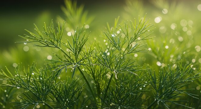 Dewdrops on fresh green dill fronds in sunlight