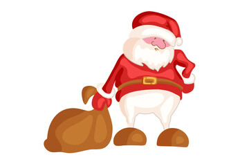 Christmas Santa Claus in flat vector style with red suit and gift bag. Jolly holiday character for winter decorations and festive designs.