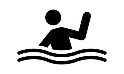 Warnsymbol Schwimmer in Not – Rettungsschild für Wassergefahr, Sicherheitspiktogramm mit Kind im Wasser, Vektorillustration