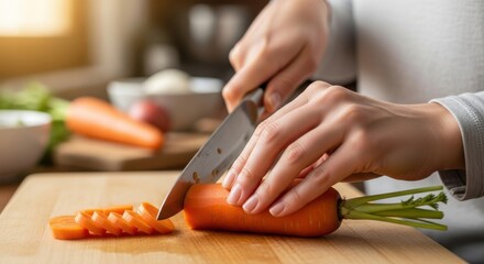 Hands chopping fresh carrots on a wooden cutting board