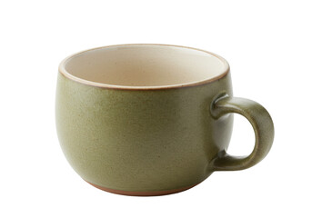 Isolated tea mug, simple olive-green colored cup with handle and brown trim on rim and base