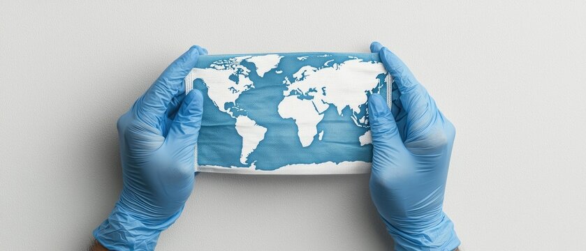Global health protection illustrated with blue-gloved hands holding a world map mask in a clean environment during the covid-19 pandemic