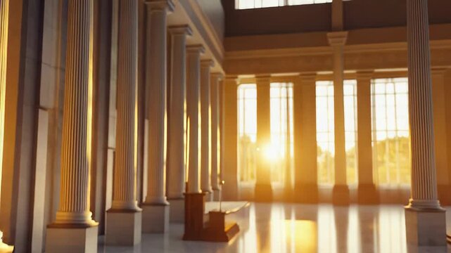 Courthouse interior with sunrise light and reflection