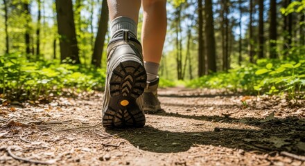 Person walking on a forest trail with sunlight filtering through trees