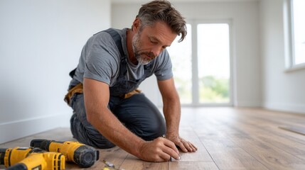 A skilled worker kneels on wooden flooring, measuring and marking for installation. The setting is a bright, modern home with tools nearby.