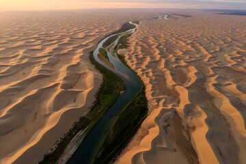 Aerial view of river flowing through desert landscape with sand dunes and vegetation