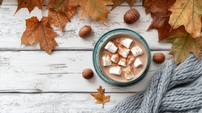 hot chocolate with marshmallows on an oak
