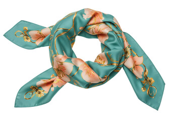 Isolated floral scarf is tied, a fashionable neckwear, colorful silk fabric, blossom pattern