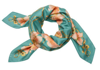Isolated floral scarf is tied, a fashionable neckwear, colorful silk fabric, blossom pattern