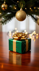 Image of green wrapped gift with gold ribbon and bow beneath a fir tree branch with golden baubles, embodying holiday spirit, giving, and celebration