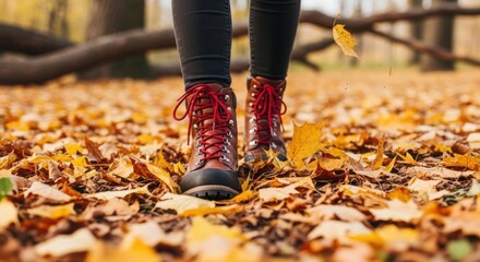 Walking through autumn leaves in red lace up boots