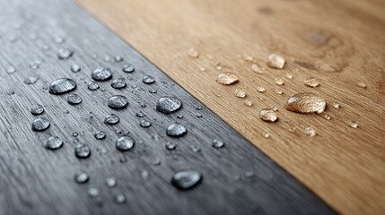 Close-up view of water droplets on wooden and black surfaces, showcasing texture and contrast. Ideal for design and nature themes.