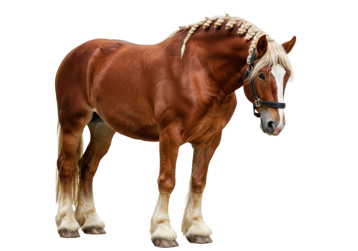 Isolated Brown Horse in Harness with Braided Mane looking down in front of nothingness