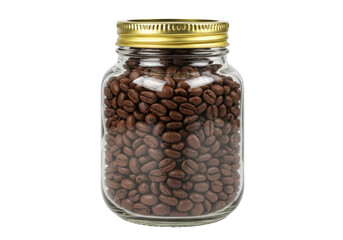 Isolated full jar of roasted coffee beans with golden lid is on display for coffee shop
