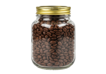 Isolated full jar of roasted coffee beans with golden lid is on display for coffee shop