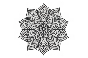 Detailed mandala drawing with intricate floral patterns, showcasing spiritual and meditative symbolism on transparent background