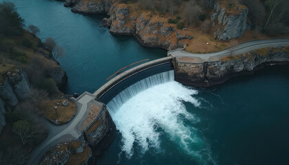 Stone dam structure controls dark river water flow creating semicircular waterfall splash. Aerial view shows surrounding rocky cliffs and trees. This power generation facility is visually striking.