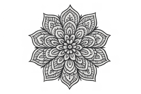 Detailed mandala drawing with intricate floral patterns, showcasing spiritual and meditative symbolism on transparent background - Powered by Adobe