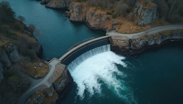 Stone dam structure controls dark river water flow creating semicircular waterfall splash. Aerial view shows surrounding rocky cliffs and trees. This power generation facility is visually striking.