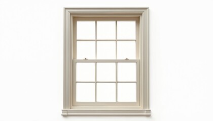 Classic wooden sash window frame isolated on white background for interior design concepts. This vintage window has six panes in upper sash, six panes in lower sash, offering light and view.
