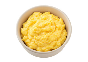 Isolated bowl with scrambled eggs ready to eat for breakfast, brunch or a quick snack