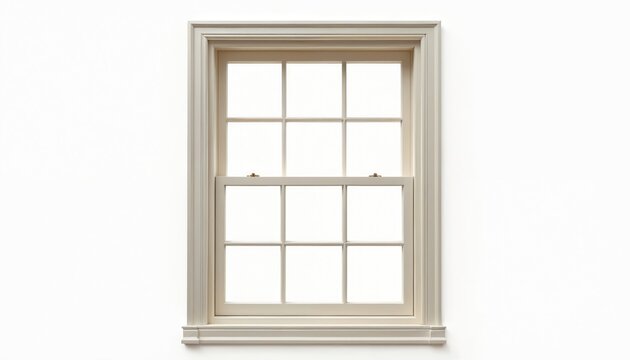 Classic wooden sash window frame isolated on white background for interior design concepts. This vintage window has six panes in upper sash, six panes in lower sash, offering light and view.