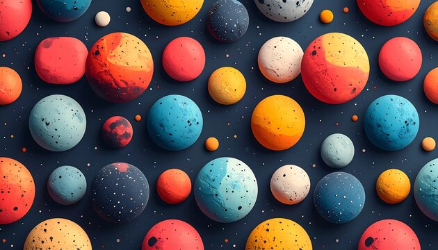 An array of textured colorful spheres, varying sizes and colors, arranged on a dark navy blue background