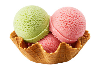 Isolated waffle bowl with three colorful ice cream scoops dessert food treat summer season