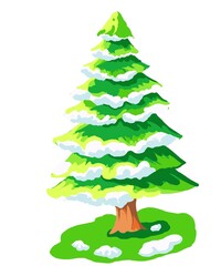 green christmas tree Cartoon Christmas fir trees, decorated and covered with snow green xmas trees. Winter holiday symbol flat illustrations . Christmas fir trees collection