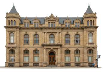 Obraz premium Isolated Classical Style Building Facade with Turrets and Arched Windows on City Street