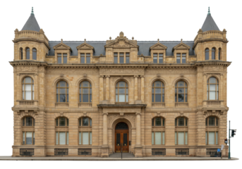 Isolated Classical Style Building Facade with Turrets and Arched Windows on City Street