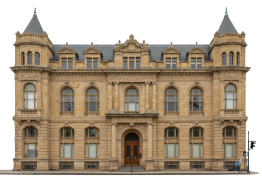 Isolated Classical Style Building Facade with Turrets and Arched Windows on City Street
