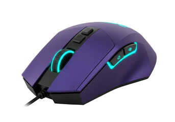 Isolated, computer mouse used for gaming with blue lighting, ergonomic, colorful, high tech