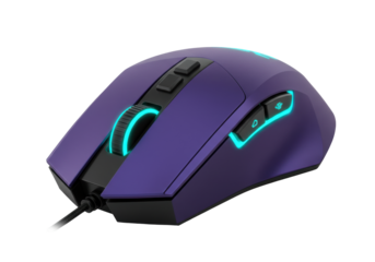 Isolated, computer mouse used for gaming with blue lighting, ergonomic, colorful, high tech
