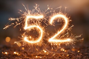 Sparkler Numbers Creating a Glowing 52 Against a Blurred Background