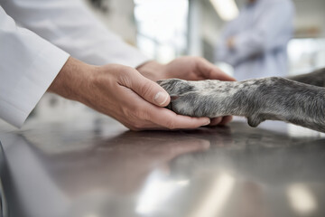 Veterinarian gently holding and examining a dog's paw on a stainless steel exam table, compassionate veterinary care and pet health checkup