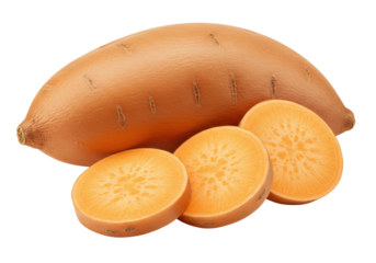 Isolated sweet potato with three slices, healthy and nutritious staple, vegan cooking concept