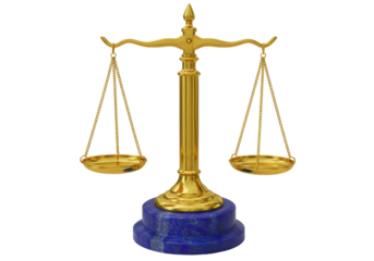 Isolated golden scales of justice, balanced scales symbolizing law, legal, and court system