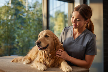 Veterinary nurse gently comforting a golden retriever on an exam table in a sunlit clinic, pet care and animal wellness concept