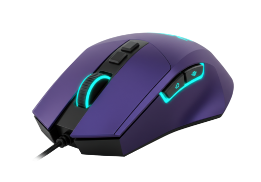 Isolated, computer mouse used for gaming with blue lighting, ergonomic, colorful, high tech