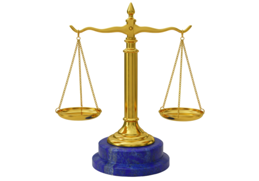 Isolated golden scales of justice, balanced scales symbolizing law, legal, and court system