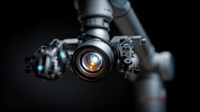 A robot with a camera on its head. The camera is lit up. The robot is silver. Macro shot surgical robot micro camera optical head with controlled depth lighting, extreme crisp, surgical robot system