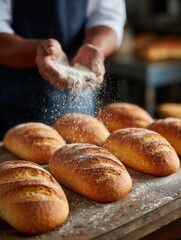 A baker sprinkles flour over a batch of freshly baked bread loaves in a warm kitchen setting, showcasing the art of bread making.