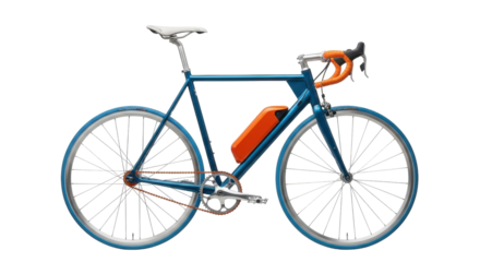 Isolated electric bicycle, blue frame, orange battery, on display for sale or repair shop