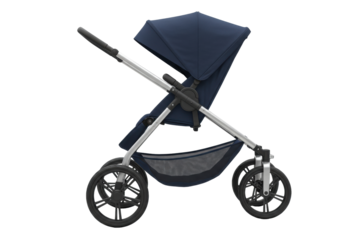 Isolated stroller blue baby transport, modern pram with canopy, no-background design studio
