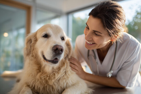 Compassionate veterinarian examining a happy golden retriever in a bright modern clinic — close-up of trust and care during a routine pet health checkup