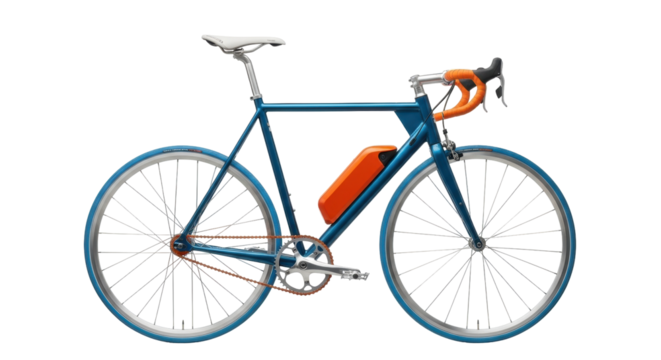 Isolated electric bicycle, blue frame, orange battery, on display for sale or repair shop
