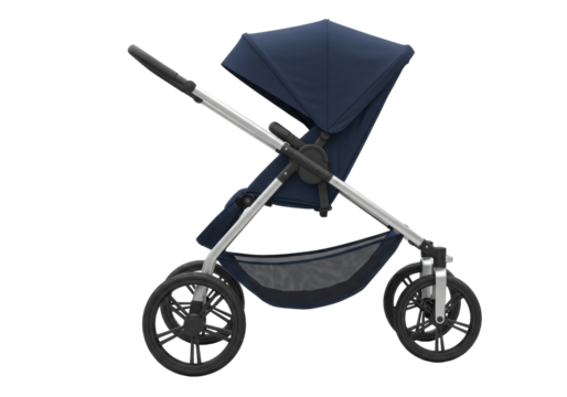 Isolated stroller blue baby transport, modern pram with canopy, no-background design studio