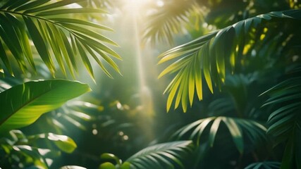 Lush tropical foliage bathed in radiant sunlight, creating a soft focus glow and vibrant botanical energy through a dense jungle canopy - Powered by Adobe